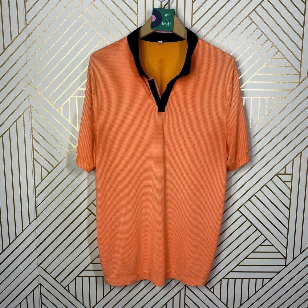 Lululemon Men's Precision Polo in Orange Stripe & Black Collar Size US Large